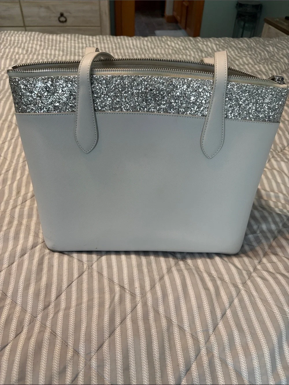 kate spade White Tote with Silver Glitter Trim